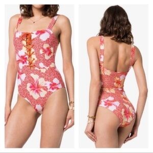 Onia Raquel Hibiscus Lace Up One Piece Swimsuit Tropical Floral Resort Beach
